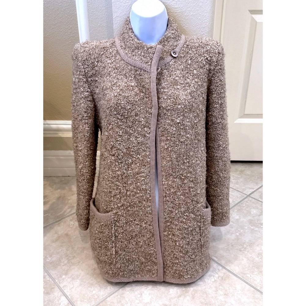I. Magnin Charlotte Vintage Wool Boucle Cardigan Sweater Coat Taupe Petite P